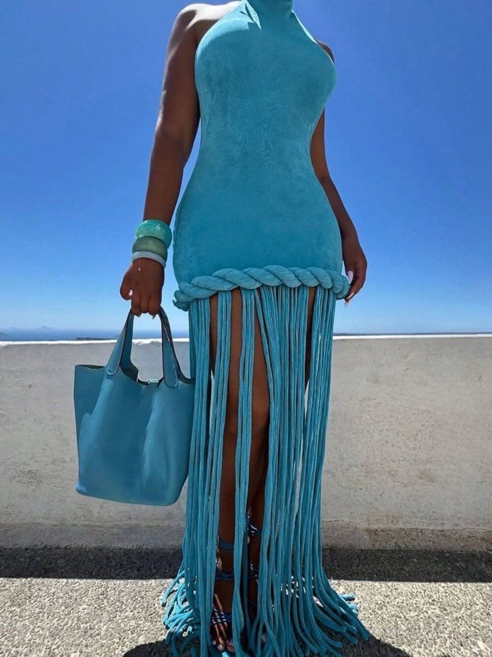 Blue Sexy Women's Tassel Twist Knot Backless Bodycon Dress - Picture 4 of 4